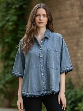 Relaxed Denim Button-Down Shirt - Light Blue